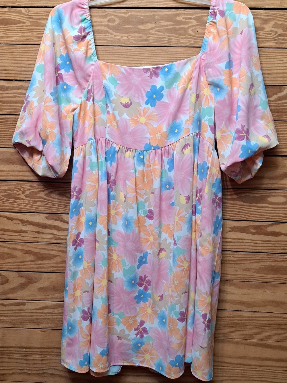 Floral Square-Neck Puff Sleeve Dress - Pastel Pink Sz L